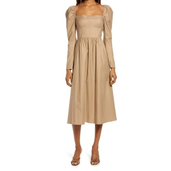 $248 Reformation Luce Dress Khaki Tan Brown Midi Long Sleeve Square Neck 8 - Picture 1 of 14